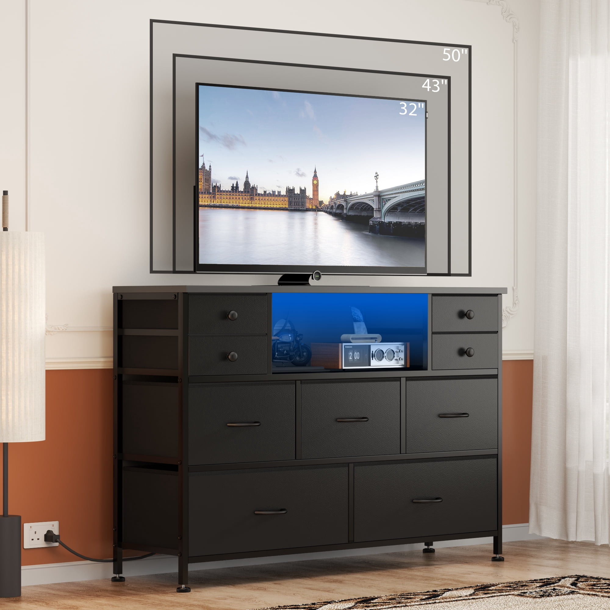 GIKPAL Dresser TV Stand for Bedroom, Black Dresser with LED Lights and Charging Station, Modern Dressers Chest of Drawers with 9 Storage Drawers for Living Room