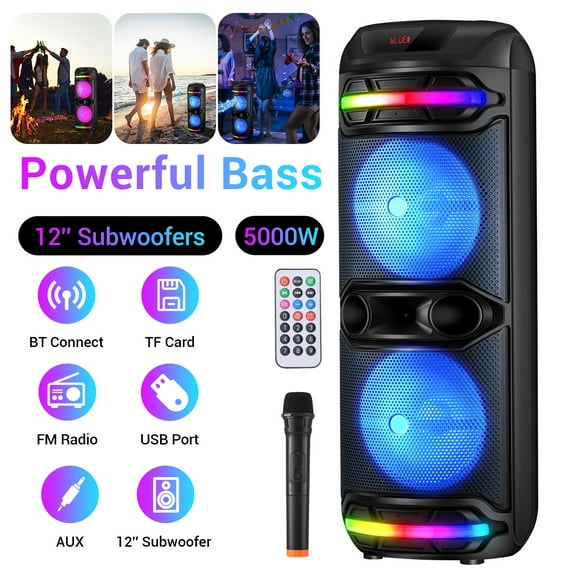 RIDWIND 5000W Powerful Bluetooth Party Speaker with Dual 12" Woofers, Portable Rechargeable Stereo Speaker, LED Lights, FM Radio & Wireless Mic for Karaoke