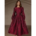 thumbnail image 3 of Multicolor Jacquard Round Neck Long Sleeve Waist-Gathered A-Line Midi Dress For Women, 3 of 6