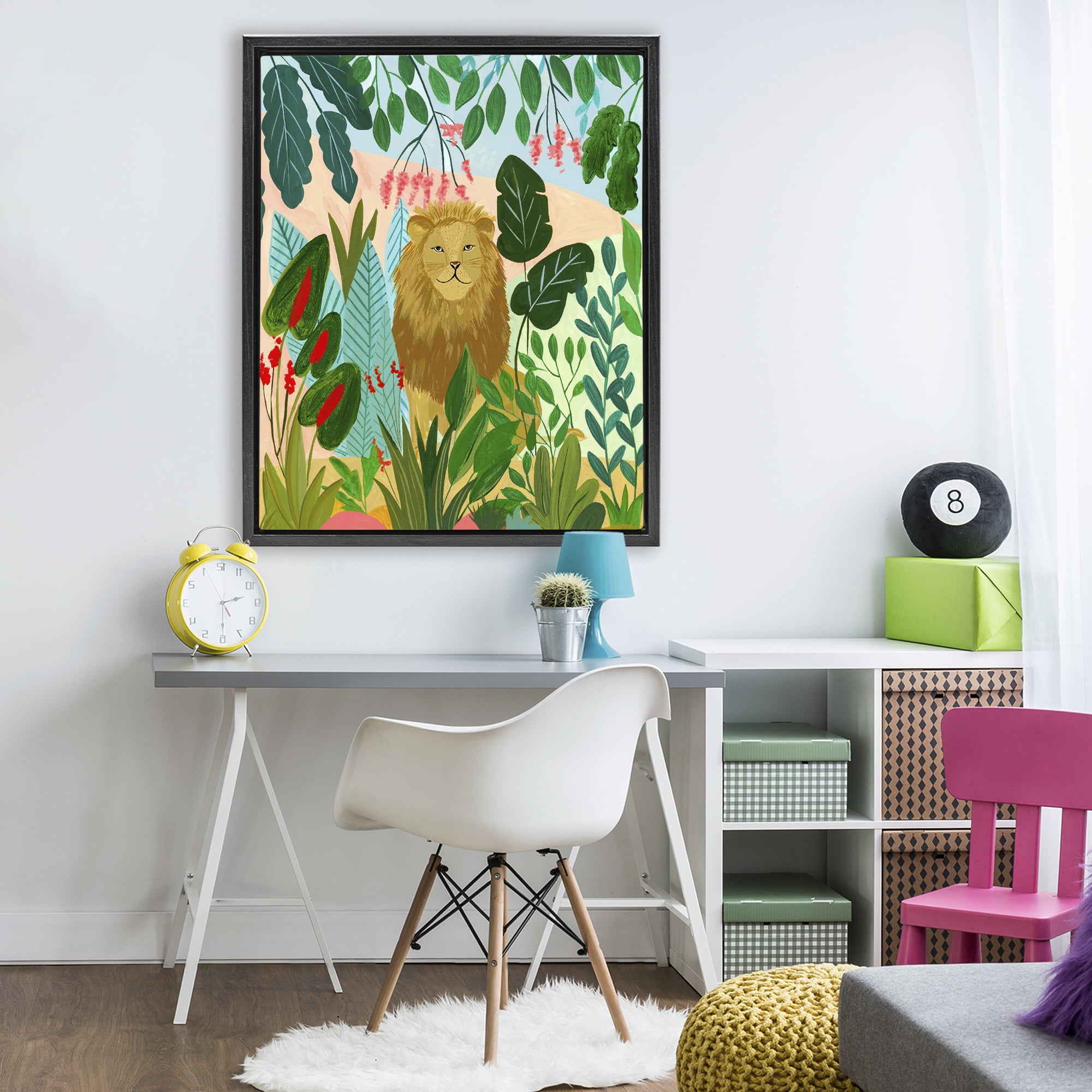 Stoic Lion Tropical Forest Black Framed Floater Canvas Wall Art, design by Nabeela Rumi