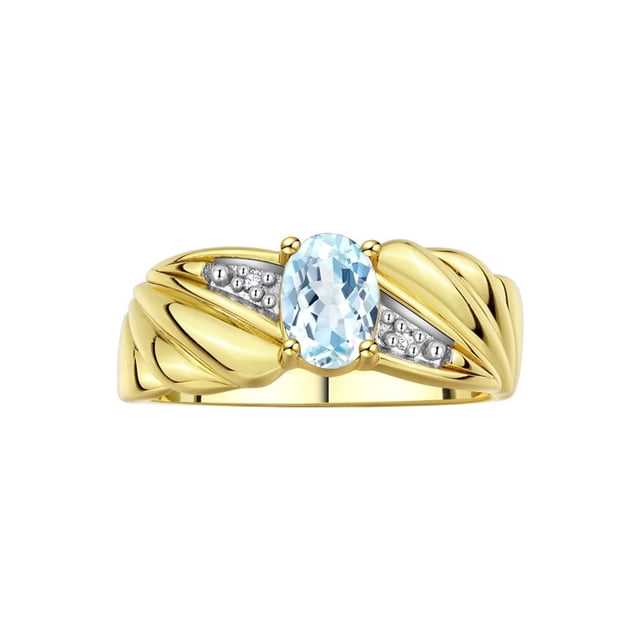 RYLOS Bagues pour Femmes Bague Aile d'Ange en Or Jaune 14K Pierre de Naissance Pierre Précieuse 7X5MM et Diamants Bijoux Aigue-Marine de Mars pour Femmes Bagues en Or pour Femmes Taille 7