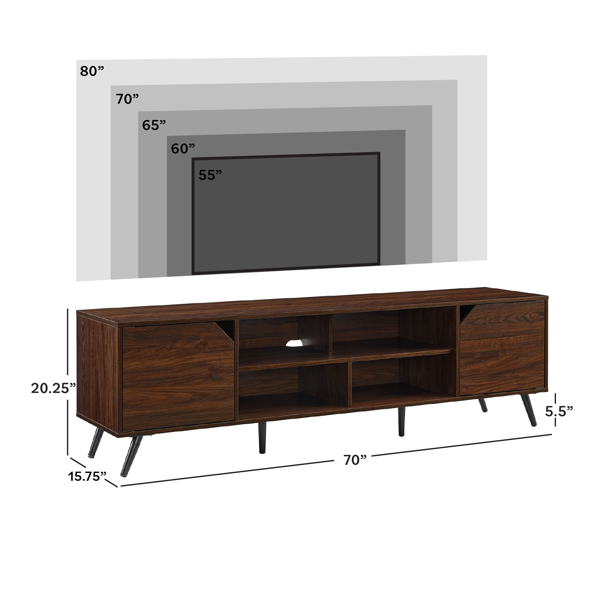 Walker Edison Mid-Century Modern Angle-Door TV Stand for TVs up to 80”, Dark Walnut