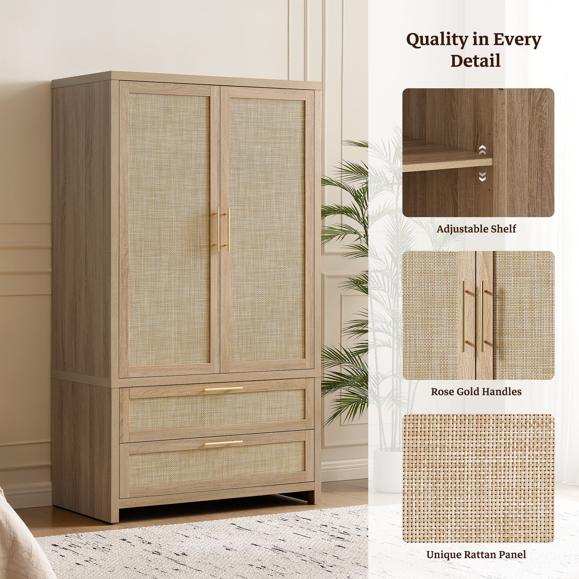 SICOTAS 71"H Boho Armoire Wardrobe Closet Set of 2- Rattan Storage Wardrobe with Adjustable Shelf and 2 Doors, Freestanding Wooden Closet Armoires with 2 Large Drawers,Reclaimed Light Oak
