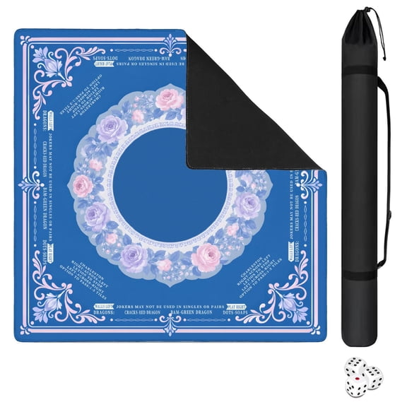 Mahjong Mat with Carrying Bag 31.5" x 31.5" Non-Slip Noise Reduction Blue Pink Peony Border Vintage (2) Table Mat for Mahjong Poker Dominoes Card Board Tile Games