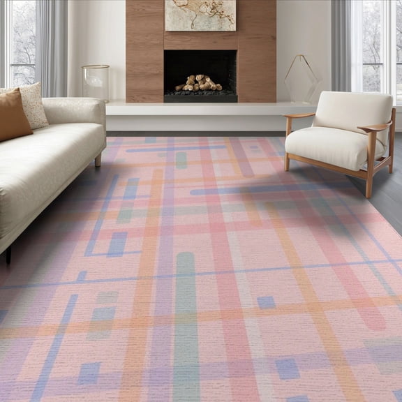 ODIKA 6'x9' Pastel Pink Geometric Cora Multicolor Washable Area Rug Modern Abstract Design With Lines And Shapes Ornamental for Dining Room, Under Table, Office Décor, Non-Slip Chair-Friendly