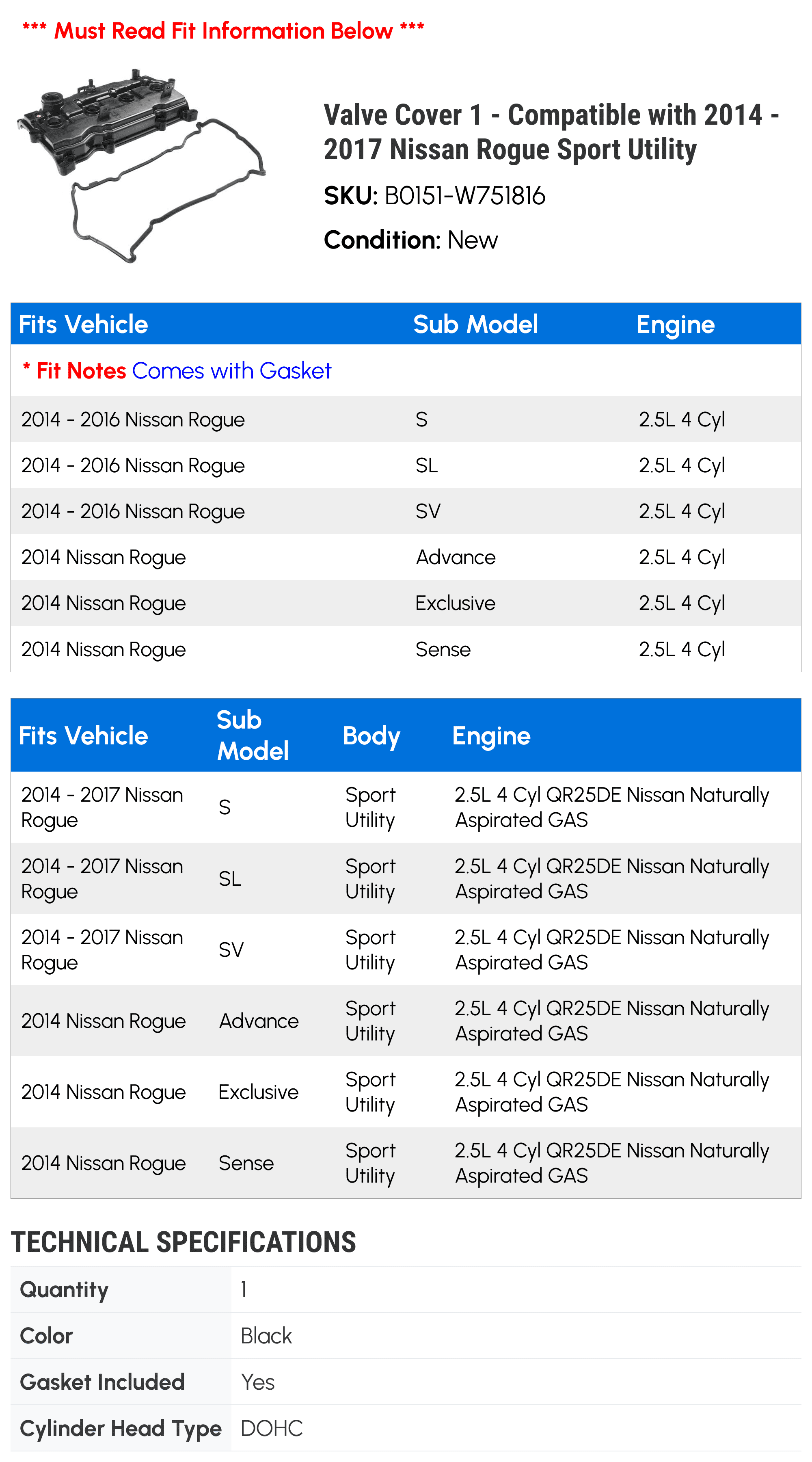 Valve Cover 1 - Compatible with 2014 - 2017 Nissan Rogue Sport Utility - Autopart Premium
