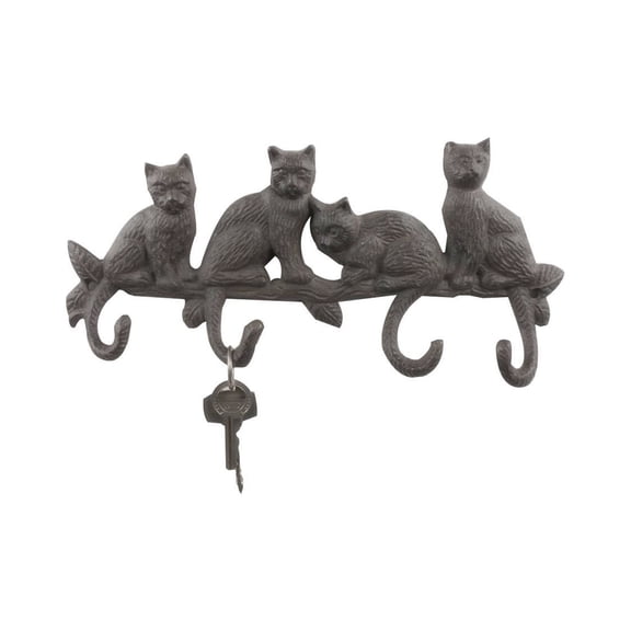 Cast Iron Sitting Cat Family Decorative Metal Wall Hooks 11"