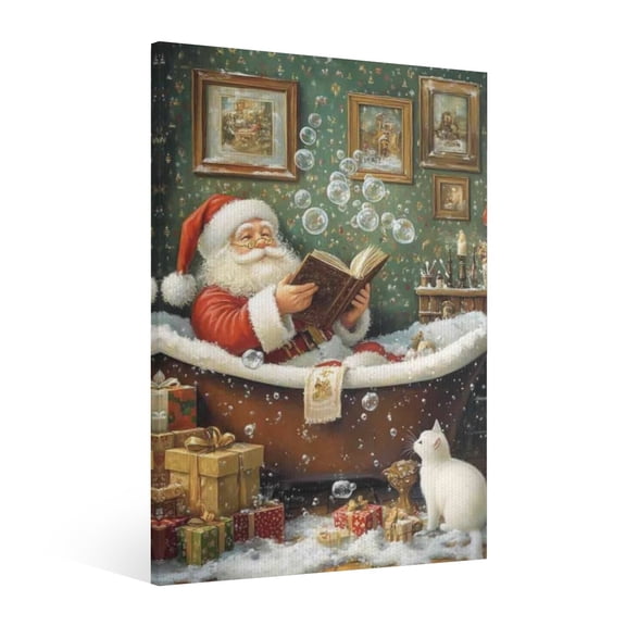 Vintage Christmas Funny Santa Claus bathtub decoration Wall Art Paint - Retro Xmas Festive Winter Holiday Christmas Wall Decor Canvas for Living Room Kitchen Bathroom Home Bedroom Decor Framed