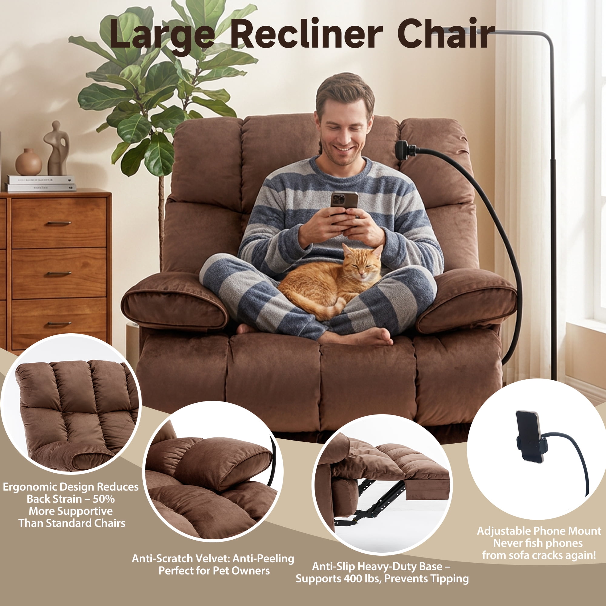 2 Pcs Brown Overstuffed Lounge Chair with Footrest and Phone Holder Extra Large Recliner Chair, Manual Reclining Lounge Chair with Footrest, Comfortable Living Room Accent Recliner