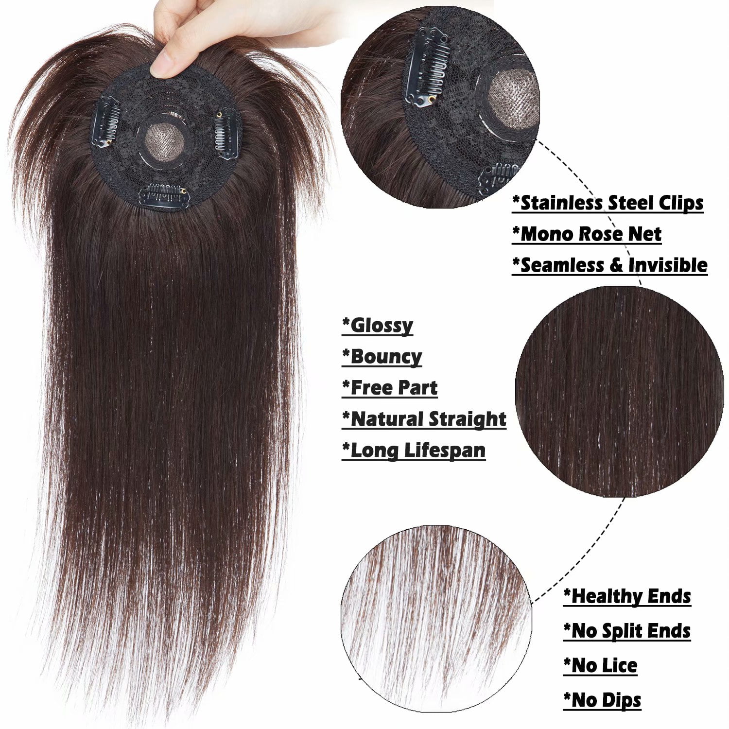 Benehair Seamless 100% Human Hair Silk Mono Base With Bang Women Topper Hairpiece Toupee Top Wig For Thinner Hair US