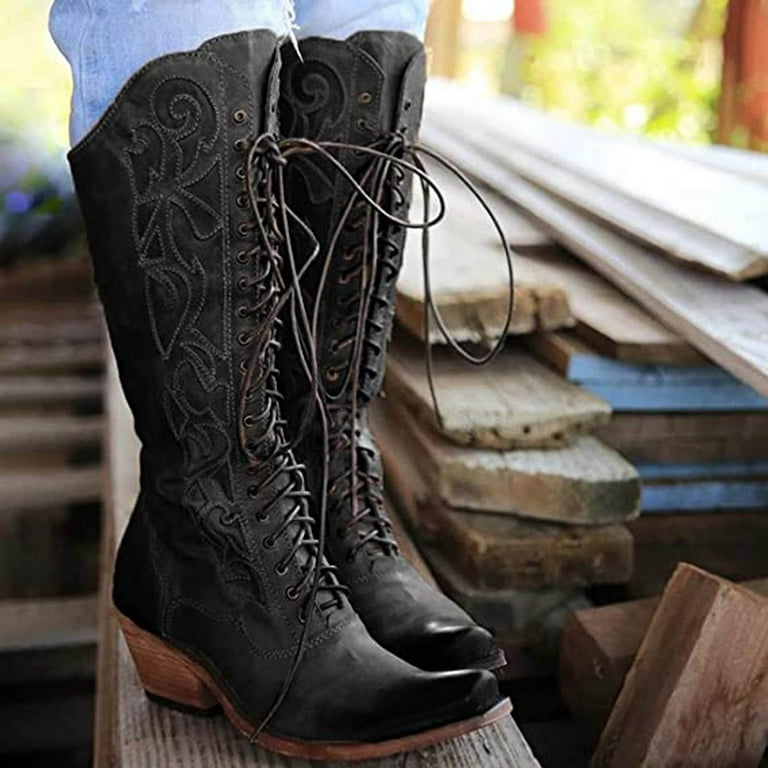 Herrnalise Large Size Thick Heel Solid Color Stitched Square Toe Front Lace-up High Boots Women Shoes Fashion