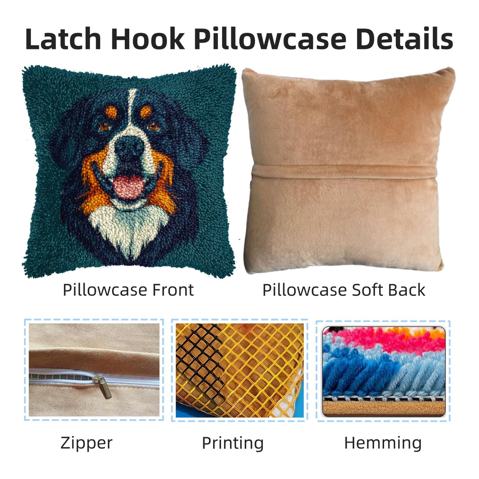 DIY Latch Hook Pillow Kits for Adults Bernese Mountain Dog Portrait Printed Pillowcase Crochet Yarns Hooking Handmade Pillow Cover Cushion for Home Sofa Decoration 17x17inch(2)