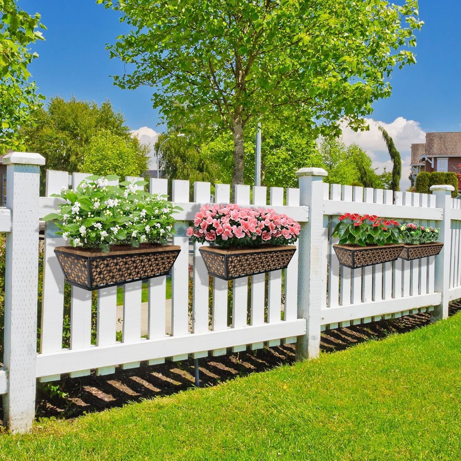 24 Inch 2 Pack Railing Planter Box with Adjustable Bracket,Window Planter Boxes Outdoor for Porch,Balcony Planters Railing Hanging,Fence,Patio Hanging Planters for Garden