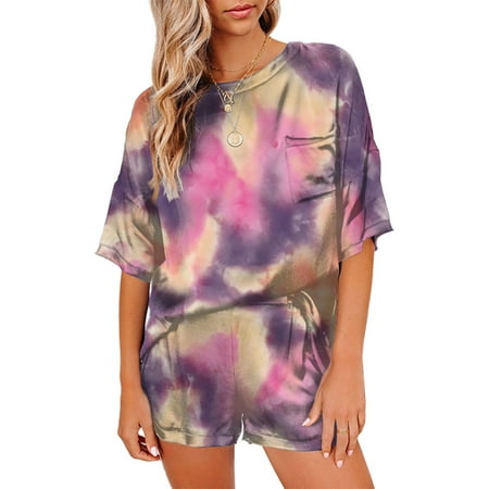 

2PCS Silk Satin Pajamas Set Womens Floral Lounge Wear Summer Crewneck Tops and Casual Shorts Outfits Nightwear