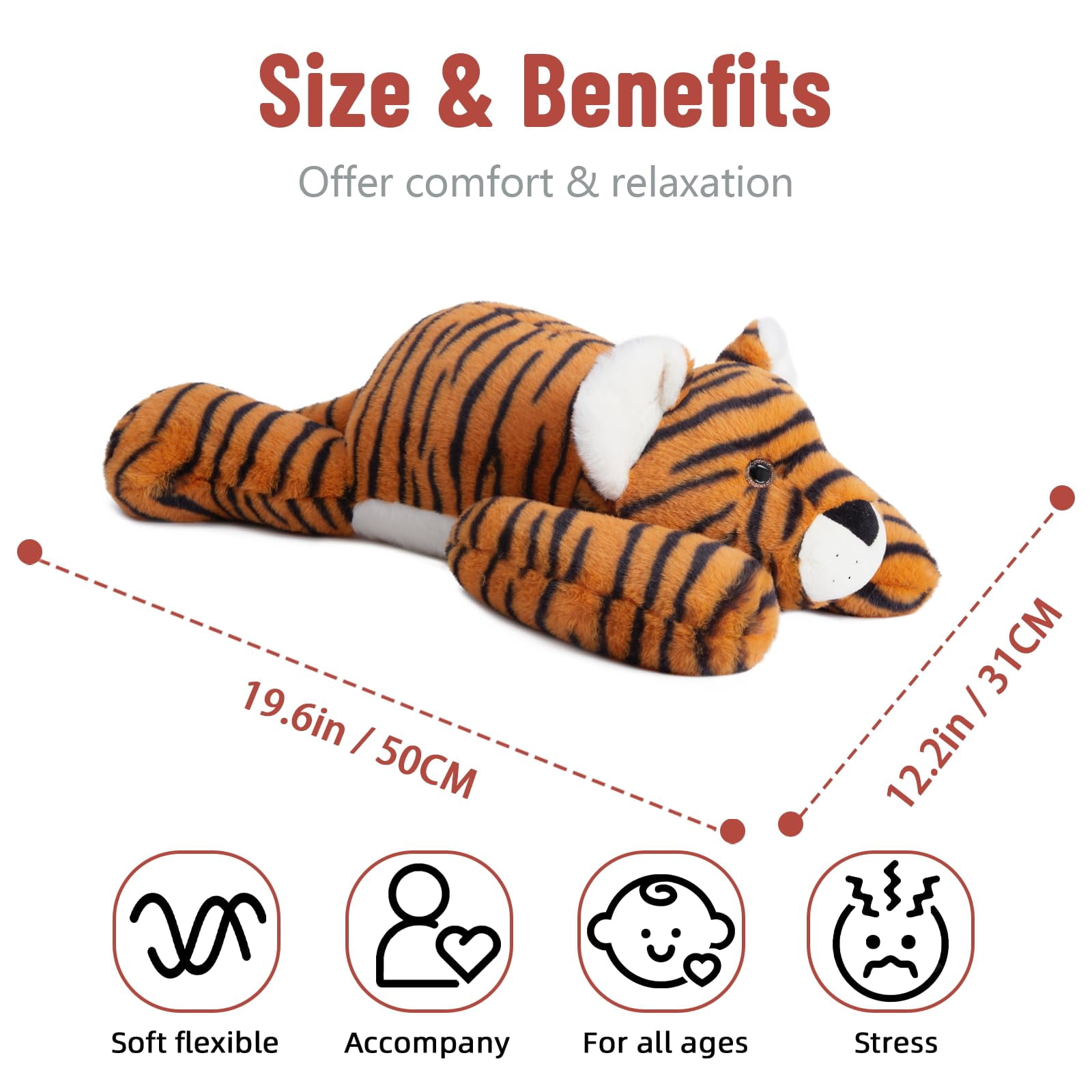 Niuniu Daddy Weighted Tiger Stuffed Animals 20"Large Plush Toy,3.3lb Giant Weighted Tiger Plushie Body Pillow with Soft Faux Fur, Birthday Gift for Baby, Kids & Adults