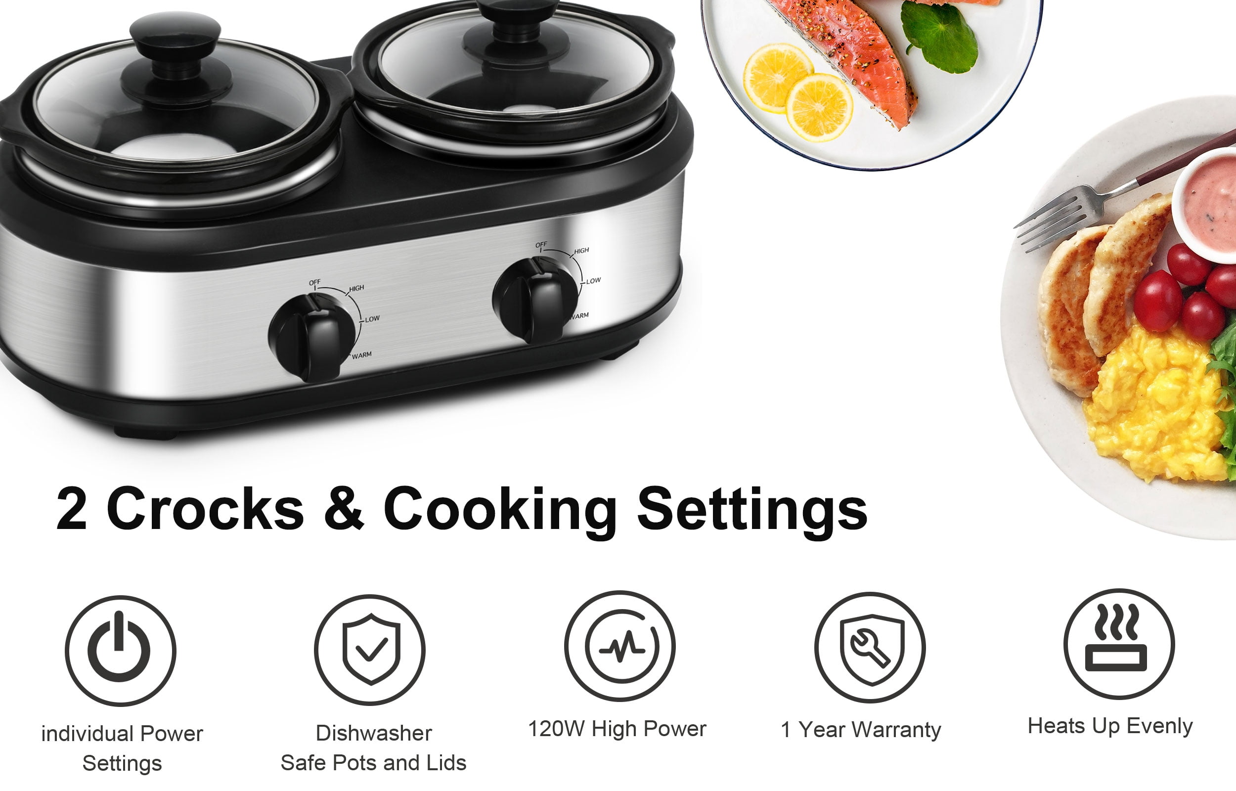 Chefman RJ15-125-D Double Slow Cooker & Buffet Server with 2 Removable 1.25  Qt. Oval Crocks, Pot Inserts Individually Heat Controlled, 2.5 Quarts,  Stainless Ste…