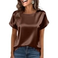 thumbnail image 6 of Satin Blouse for Women Business Casual Short Sleeve Tops Crewneck Silk Summer Shirt Coffee L, 6 of 6