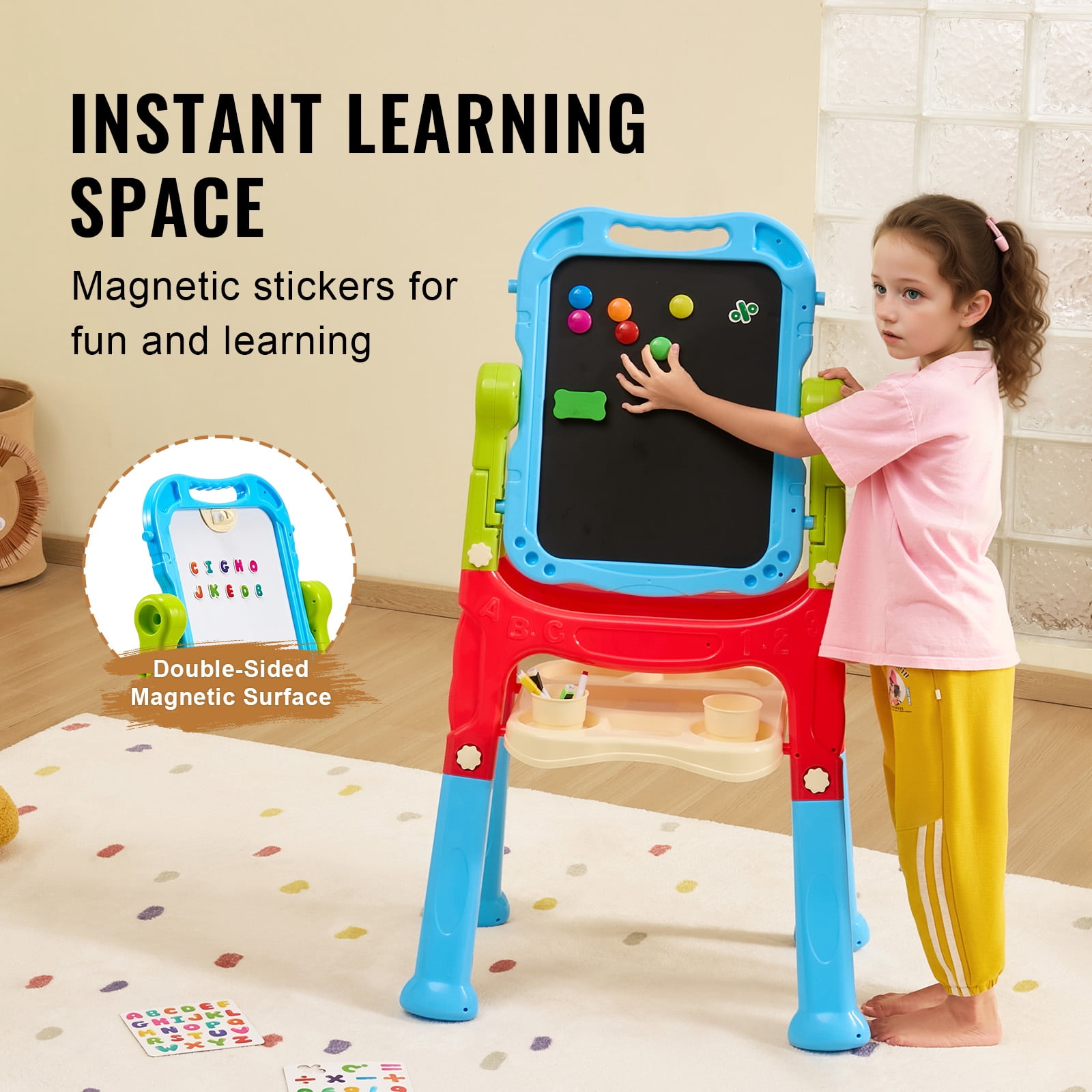 VEVOR Art Easel for Kids, 2-in-1 Double-Sided Kides Art Easel with Magnetic Whiteboard & Chalkboard, Adjustable Standing Rotatable Removable Drawing Board with Painting Accessories for Boys and Girls