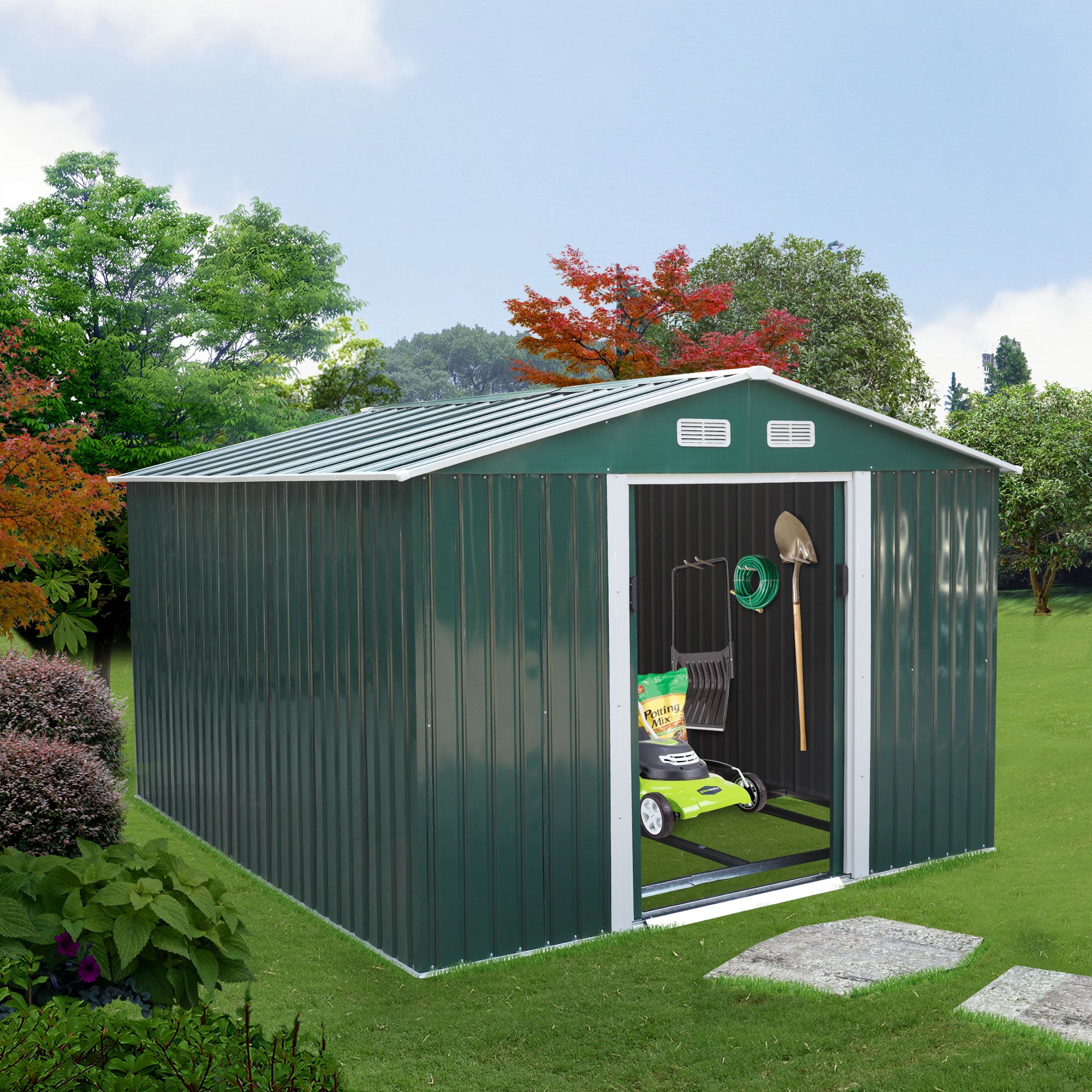 Jaxpety 9' x 10.5' Large Outdoor Steel Storage Shed with Gable Roof, 4 ...