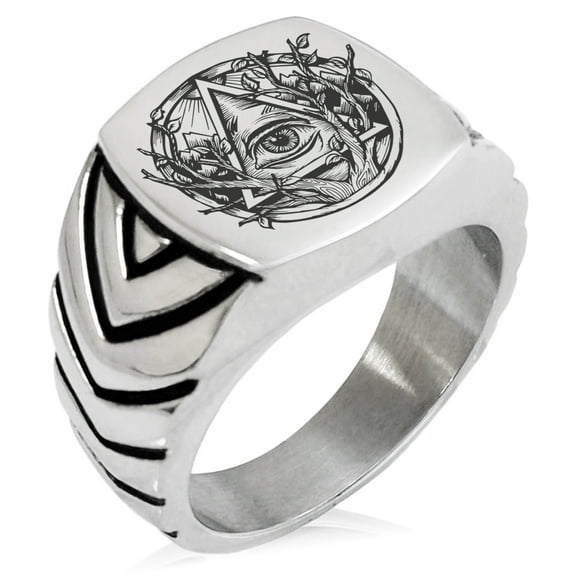 Stainless Steel Rootless All Seeing Eye Chevron Pattern Biker Style Polished Ring