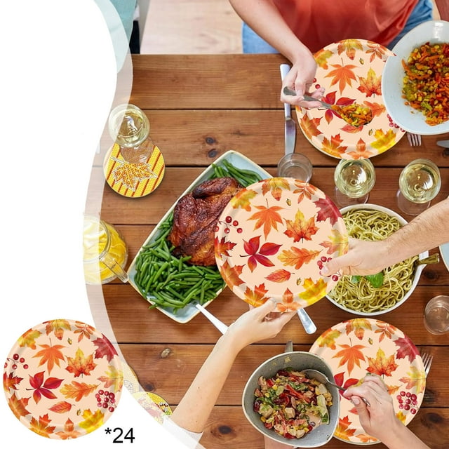 Thanksgiving Themed Maple Leaf Patterned Disposable Tableware Set, 24-Piece Party Pack for Holiday Dining and Festive Decorations