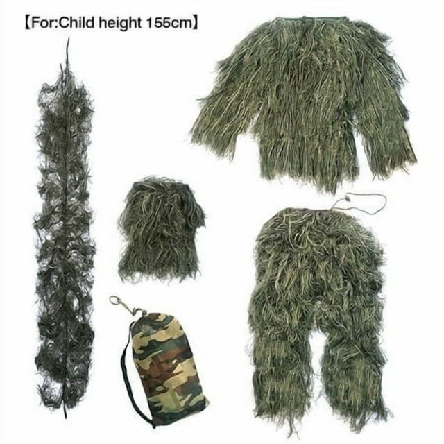 Camouflage Children Suit Outdoor Hunting Kids Clothing Top Pant Cap Rope Storage Bag Set, Jungle, 155cm Height Under