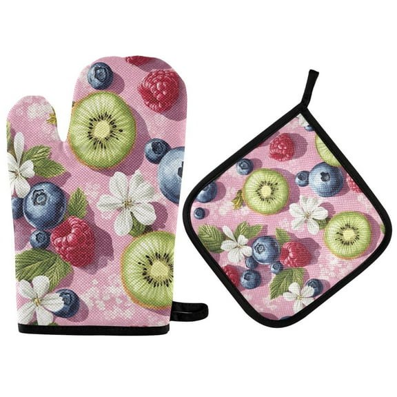 Yayeee Oven Mitts and Pot Holder Set of 2 Heat Resistant Kitchen Gloves Baking Hot Pad, Pink Blueberries