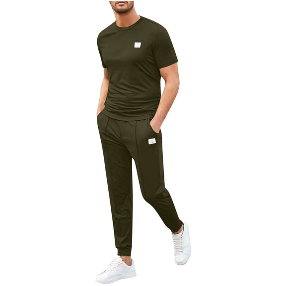 Hrsba Men 2 Piece Outfits Set, Solid Color Breathable Pants with Button Pockets and Drawstring Crew Neck Tee Summer Set