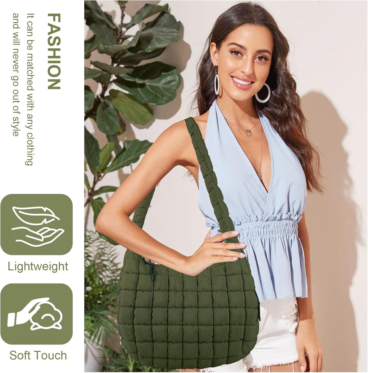 Lohol Quilted Puffer Tote Bag for Women - Large Crossbody Bag, Lightweight Nylon Puffy Carryall Hobo Puff Shoulder Bag-Dark Green