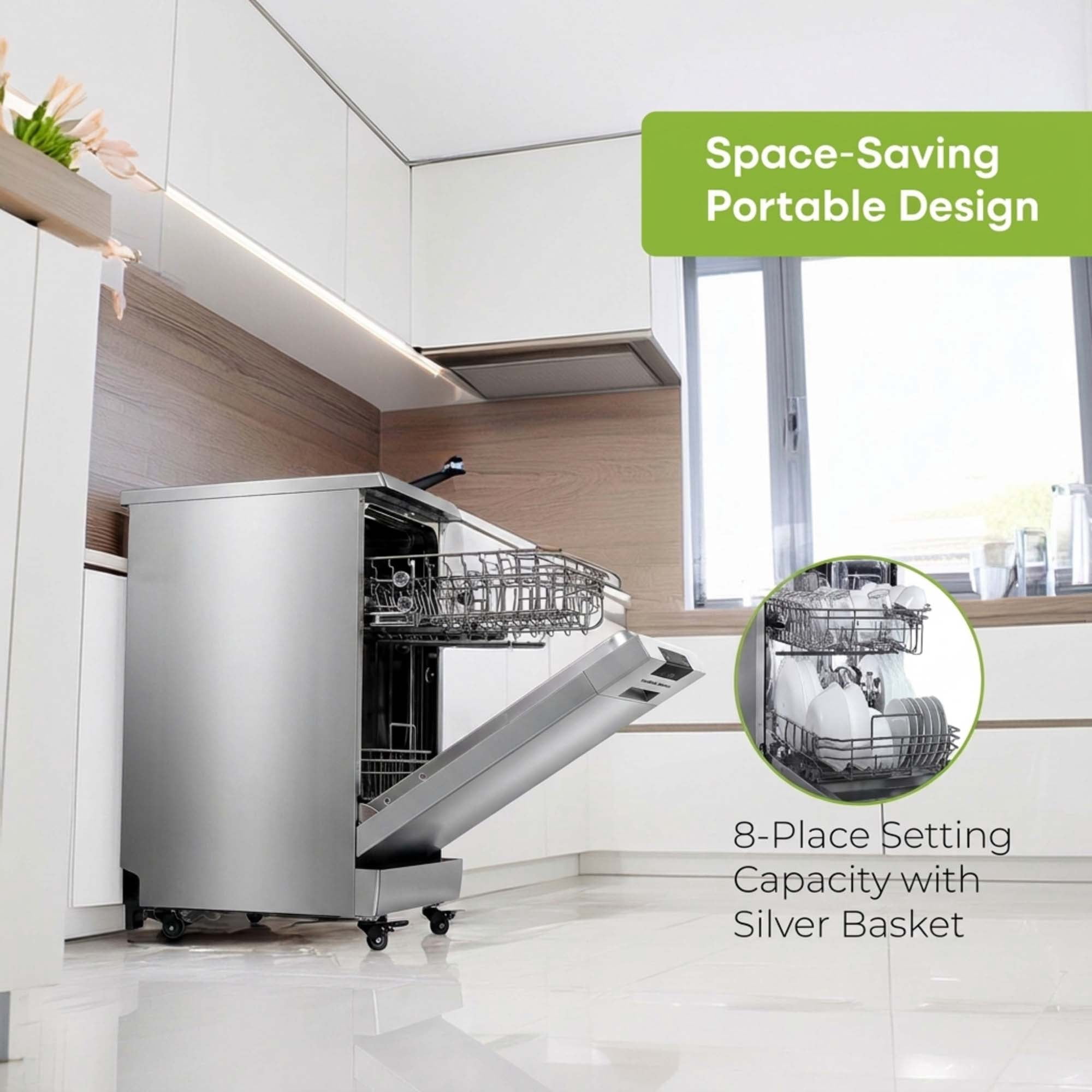 Hamilton Beach 8 Place Setting 18" Portable Dishwasher for Kitchen, RV, or Apartment with Quick Faucet Connection, 6 Wash Cycles, and Rolling Caster Wheels, Stainless Steel