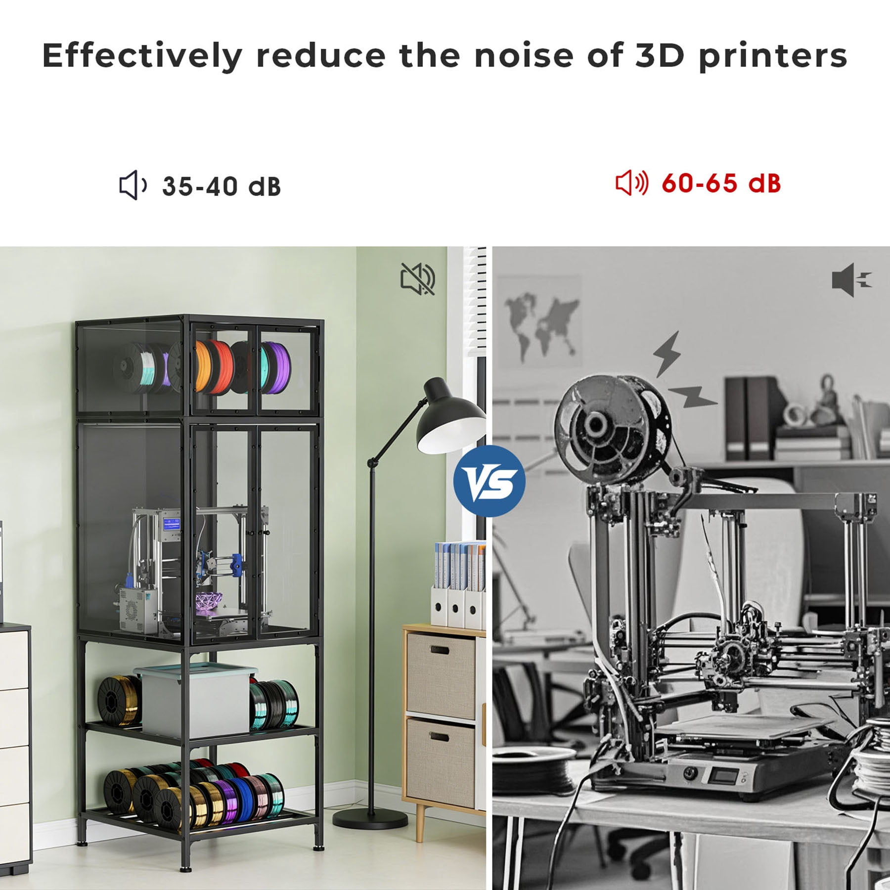 S-HOME Black 3D Printer Cabinet with Double Layer Filament Storage Rack and Noise-Reducing Design, for Studio and Office Use
