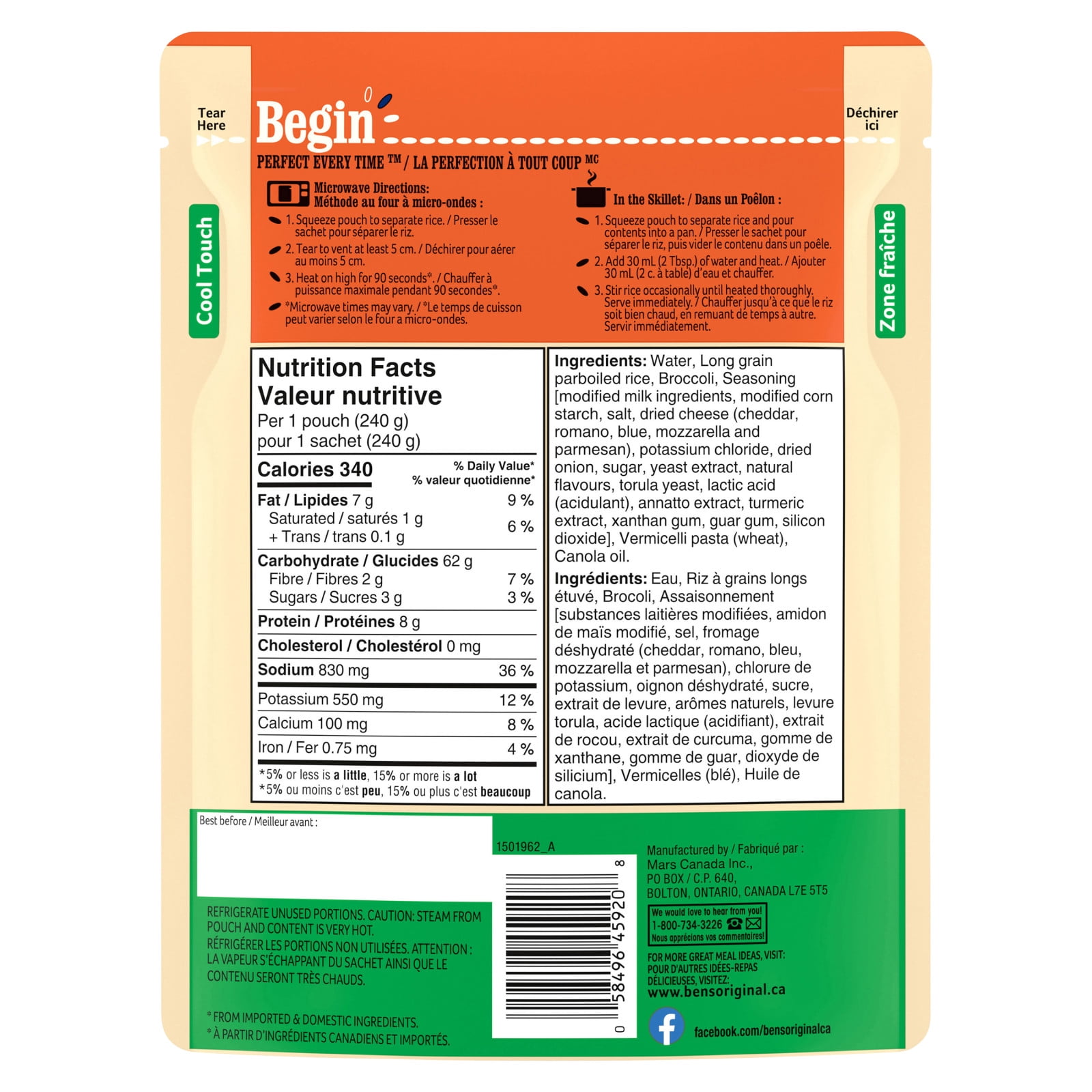 BEN'S ORIGINAL BISTRO EXPRESS Broccoli & Cheddar Rice Side Dish, 240g Pouch, Perfect Every Time™