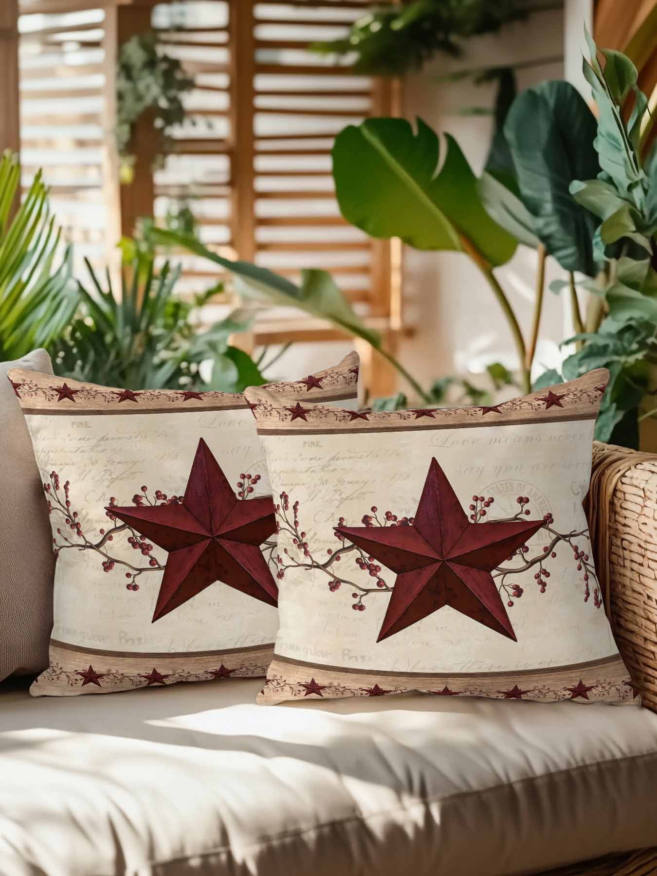Outdoor Pillows Waterproof, Red Texas Star Rustic Bedding Throw Pillows with Insert for Couch Sofa Bed, Farmhouse Berry Brown Wooden 18x18 Inch Pillowcases Decorative Camping Patio Pillow Set of 2