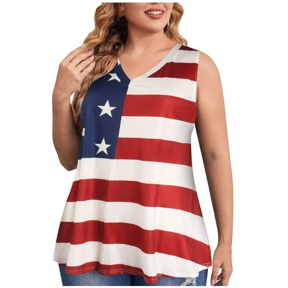 lcziwo 4th of July Tank Top for Women,Womens American Flag Tank Tops Patriotic Shirts for Women Plus Size Tanks Top Loose Fit Summer V-Neck Tees Top,Red,XXXL