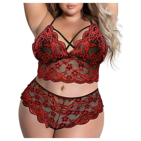 

XHJUN Women Plus Size Sexy Lingerie Bra And Panty Babydoll Floral Lace Set Teddy 2 Pieces Lingerie Sets
