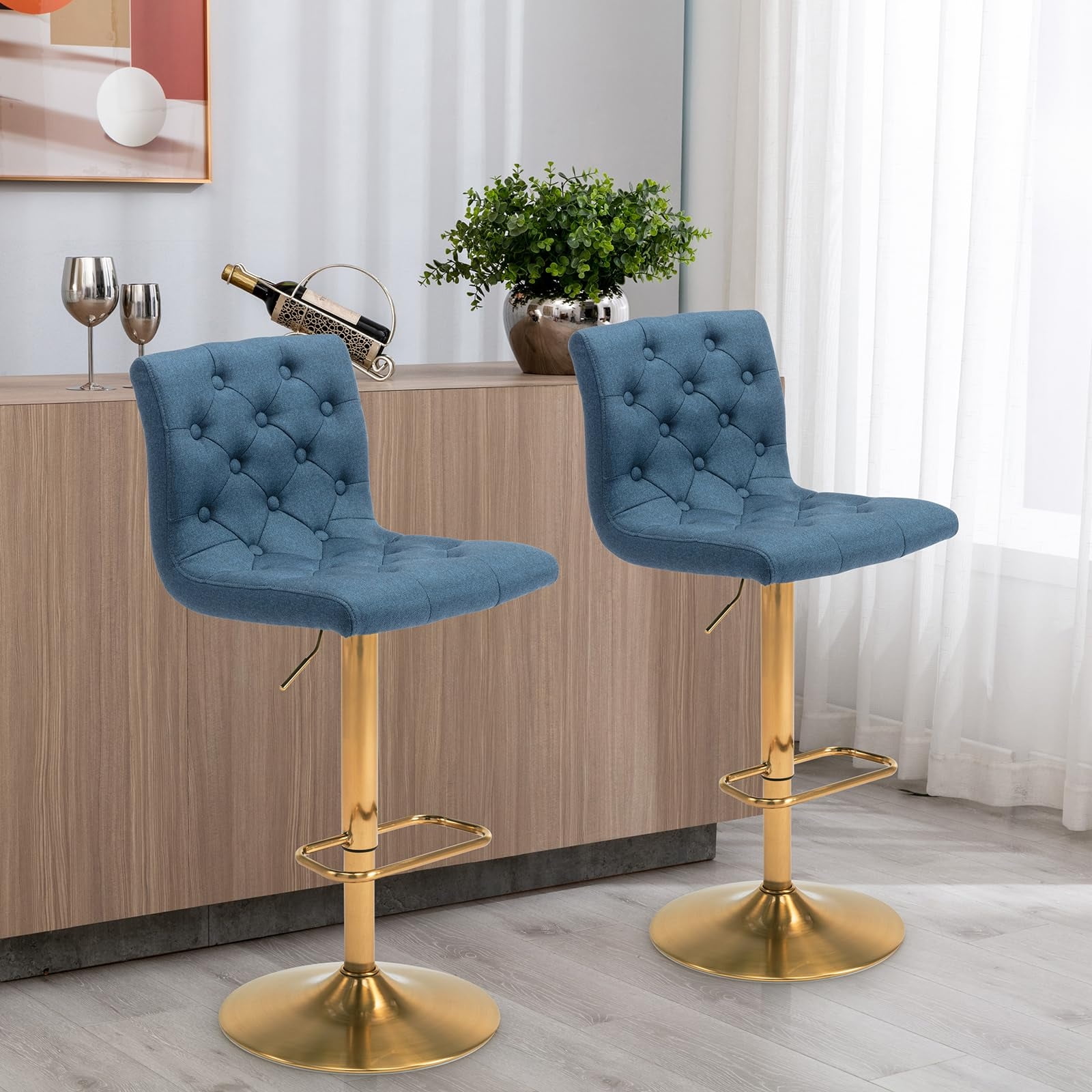 Modern Upholstered Bar Stool with Back Set of 2, Armless 360° Swivel Adjustable Height Linen Padded Bar Chair for Kitchen Island, Dining Room, or Café (Blue)