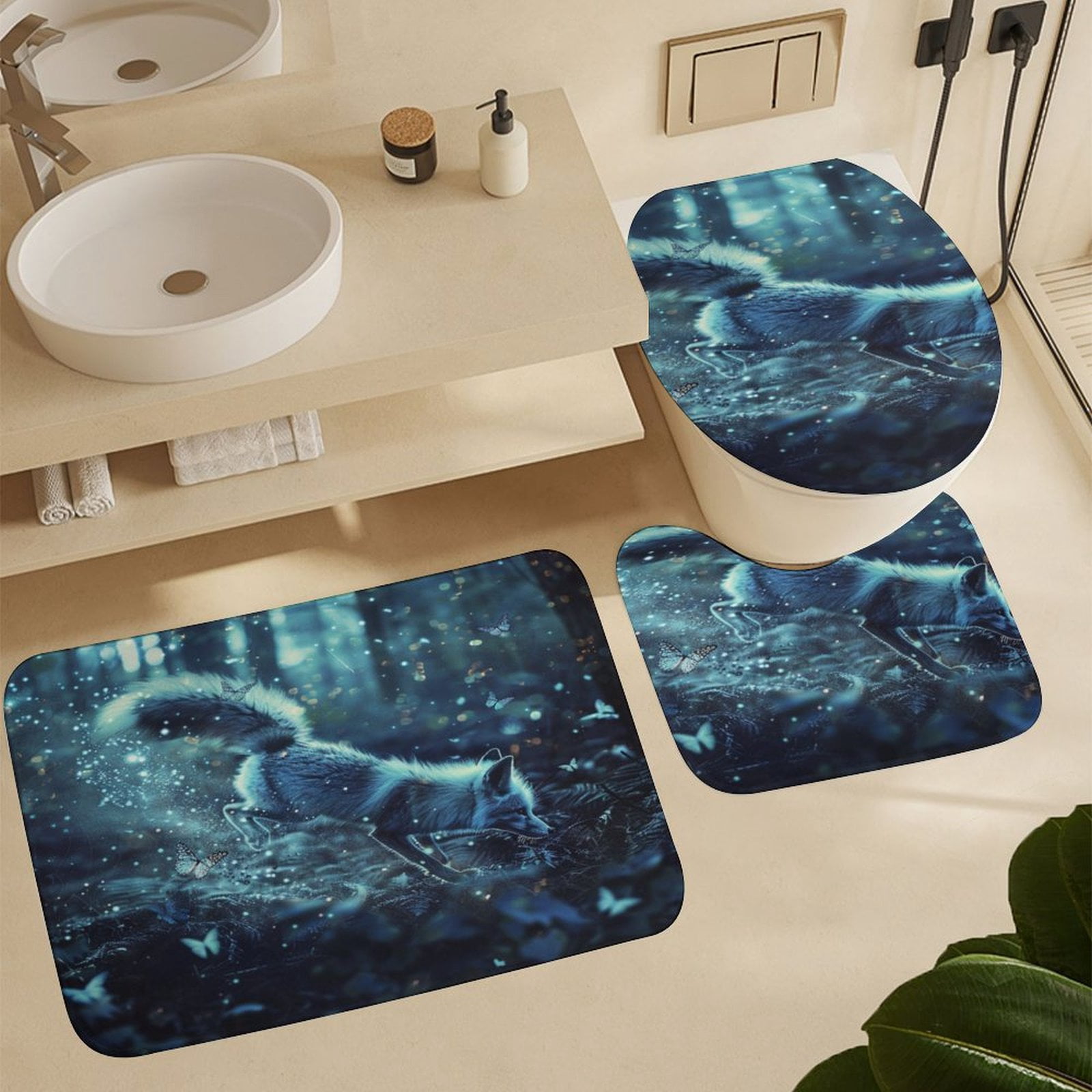 Nine Tailed Fox Chasing Butterfly 4 Piece Shower Curtain Sets, Non-Slip Rugs, Toilet Lid Cover And Bath Mat, for Bathroom Decor Set, 72" X 72"