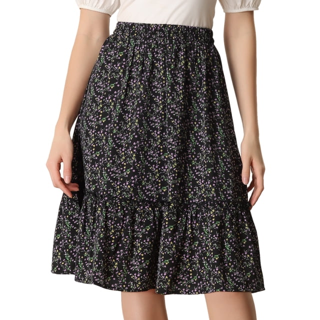 Falda Midi Floral Fluida Con Volantes En El Dobladillo Para Mujer Floral Negro rosa S