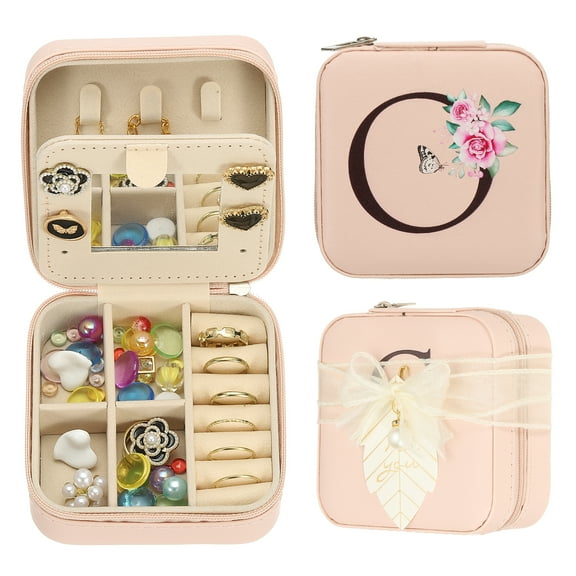 Uxcell Travel Jewelry Case, O Initial Small Travel Jewelry Box Organizer Rings Earrings Storage Case Gifts, Pink