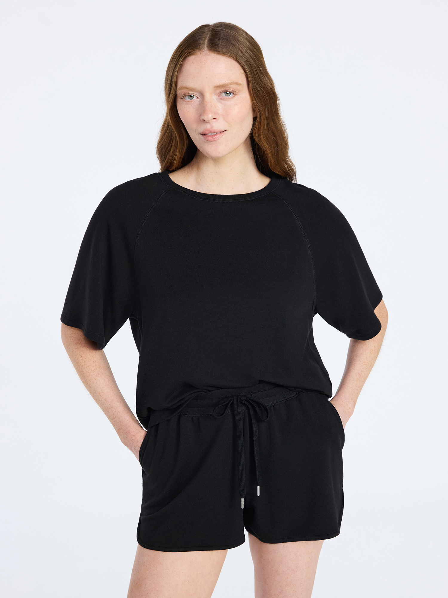 Joyspun Women's French Terry Lounge Sleep Short Sleeve Top and Shorts Set, 2-Piece, Sizes XS-3X