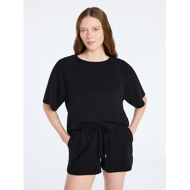 Joyspun Women's French Terry Lounge Sleep Short Sleeve Top and Shorts Set, 2-Piece, Sizes XS-3X