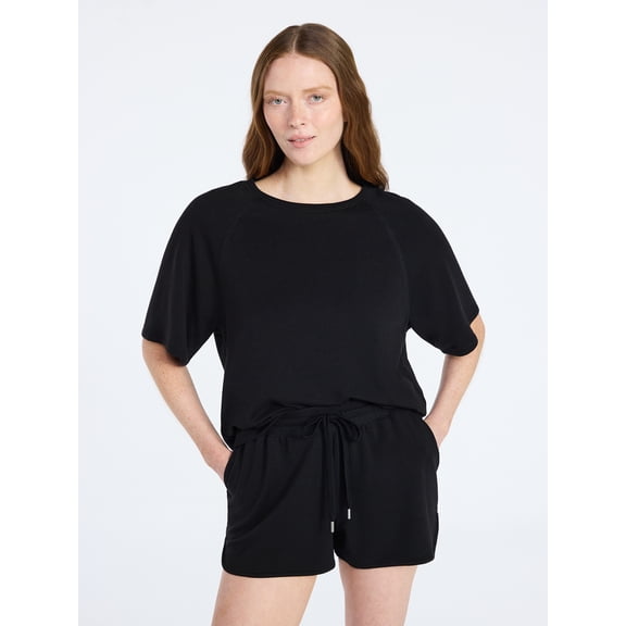 Joyspun Women's French Terry Lounge Sleep Short Sleeve Top and Shorts Set, 2-Piece, Sizes XS-3X