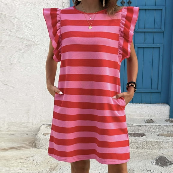 Jesvior Striped T Shirt Dress Women Crew Neck Flutter Sleeve Casual A Line Short Dresses with Pockets Summer Vacation Clothes for Work Party