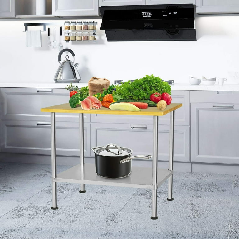 Nurxiovo Maple Top Work Table Commercial Prep Table with Adjustable Stainless Steel Base Shelf for Restaurant Kitchen 36