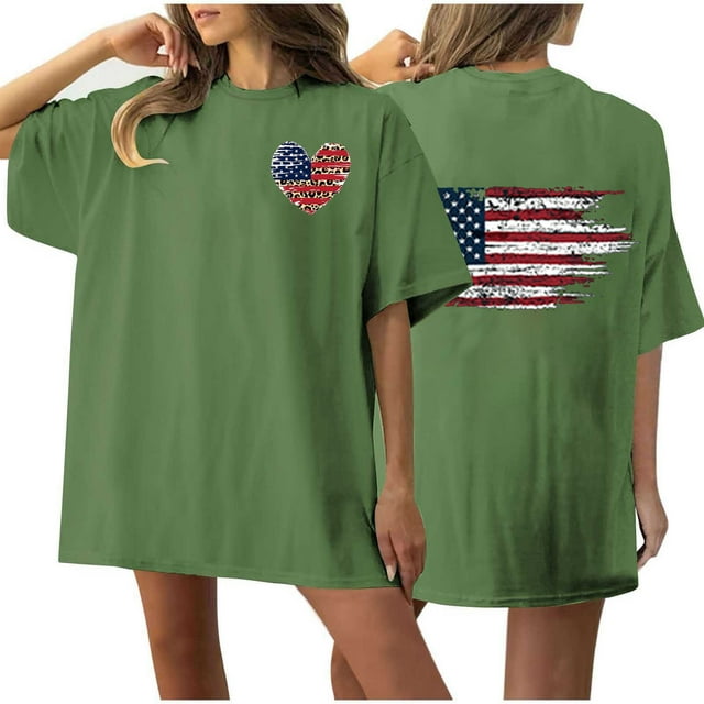 Camiseta de Cuello Redondo Impresa Delantera Y Trasera Del Día de la Independencia de las Mujeres, Tops Cortos Casuales para las Mujeres