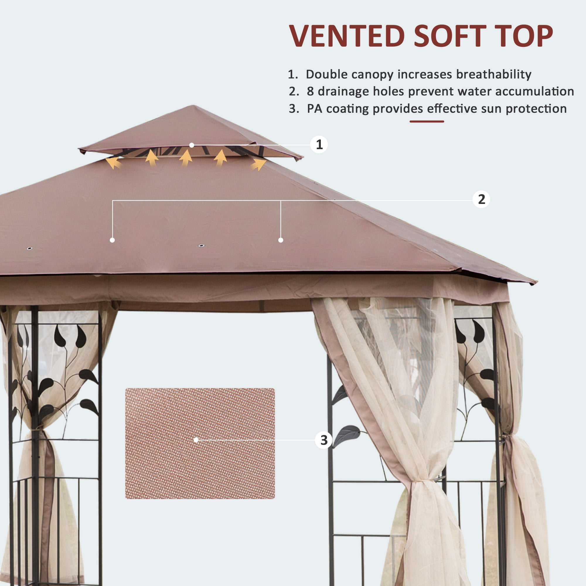 Outsunny 10' x 10' Outdoor Patio Gazebo Canopy with 2-Tier Polyester Roof, Netting, Curtain Sidewalls, and Steel Frame, Brown