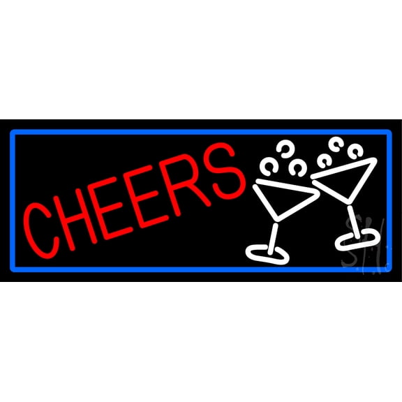 Cheers And Wine Glass With Blue Border LED Neon Sign 10 x 24 - inches, Clear Edge Cut Acrylic Backing, with Dimmer - Bright and Premium built indoor LED Neon Sign for Bar decor.