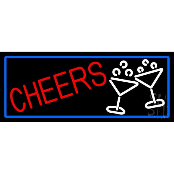 Cheers And Wine Glass With Blue Border LED Neon Sign 13 x 32 - inches, Clear Edge Cut Acrylic Backing, with Dimmer - Bright and Premium built indoor LED Neon Sign for Bar decor.