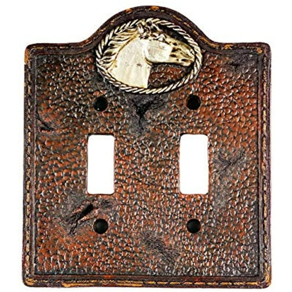 Urbalabs Western Horse and Worn Leather Design Decorative Light Switch Outlet Wall Plate Covers Antique Country Home Rustic Light Switch Covers Single Double 2 Gang Switch Plates (Double Switch Plate)