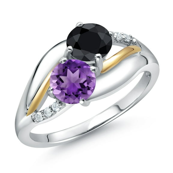 Gem Stone King 925 Sterling Silver and 10K Yellow Gold Purple Amethyst Black Sapphire and Lab Grown Diamond 2 Stone Engagement Ring for Women (1.21 Cttw, Round, February Birthstone, Size 6)